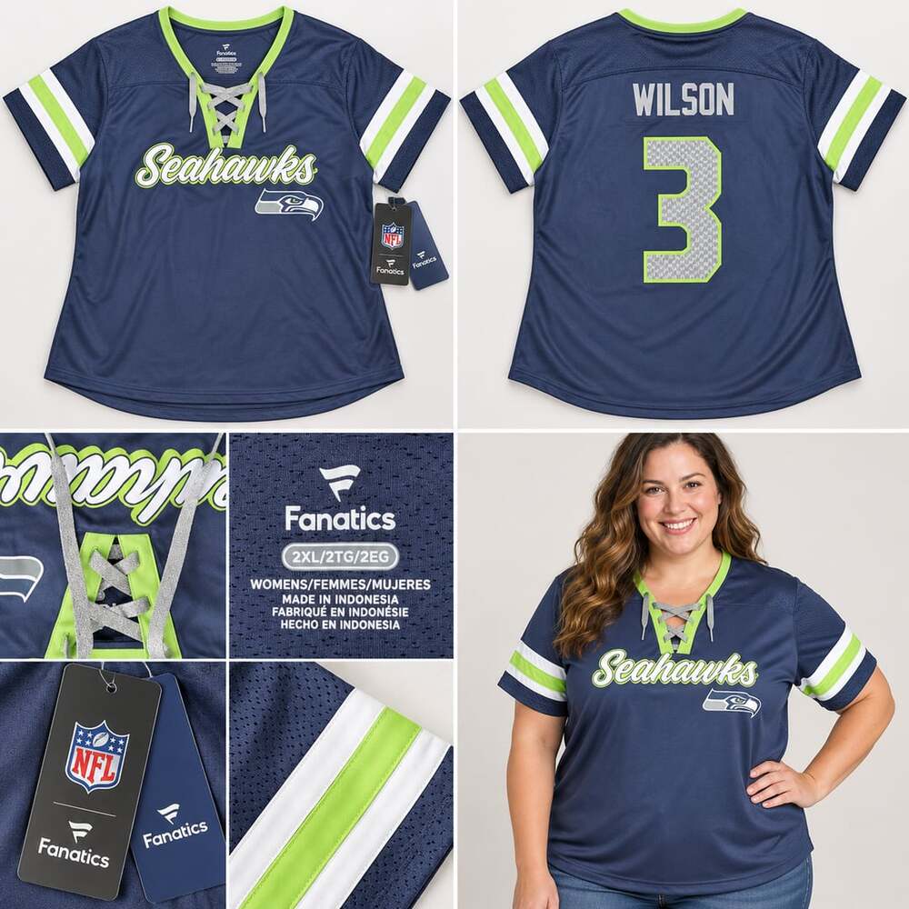 Fanatics Seattle Seahawks Wilson 3 Lace-Up T-Shirt Size 2XL Navy